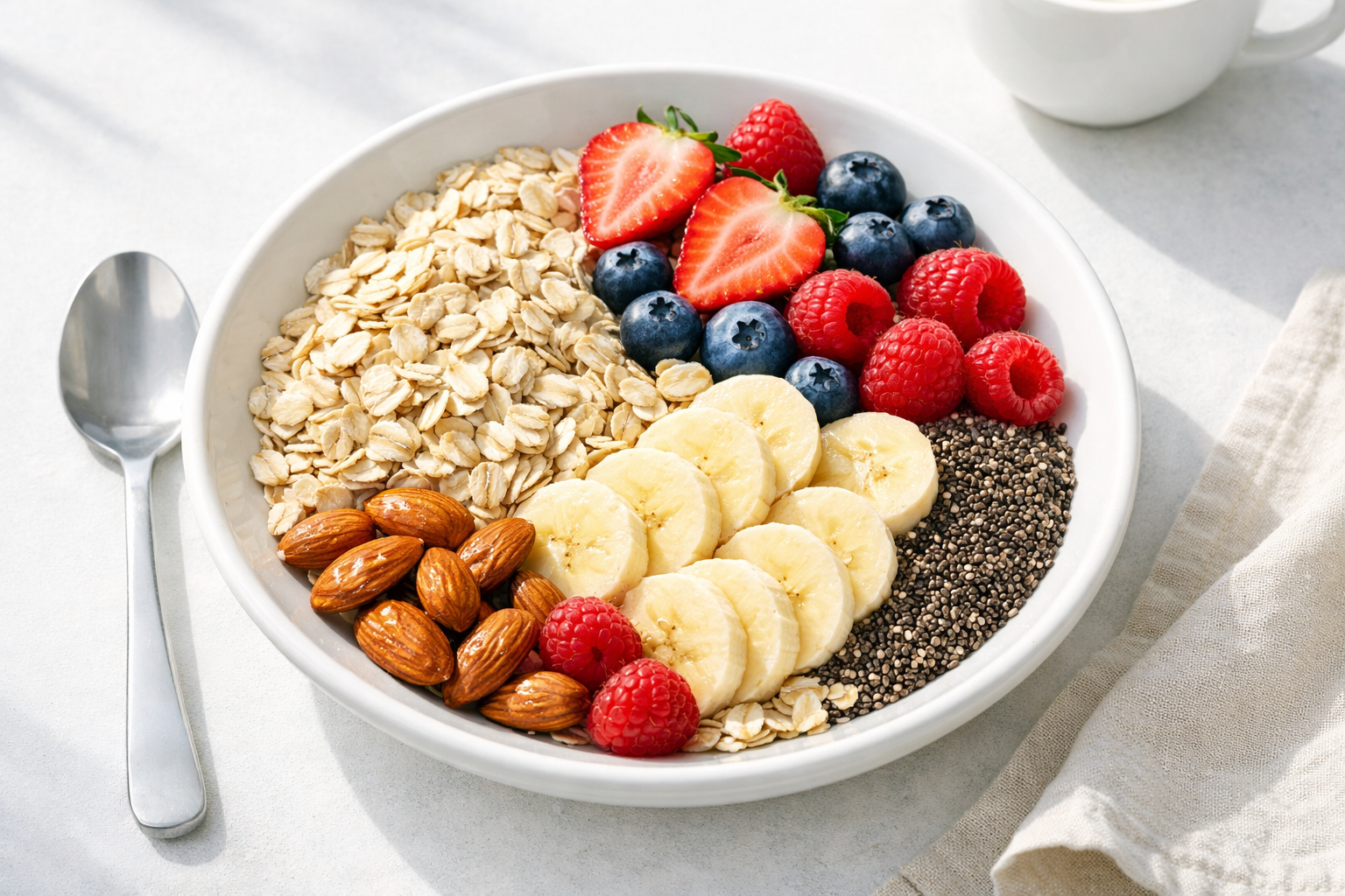Bright and fresh breakfast bowl with oats, fresh berries, sliced banana, almonds and chia seeds on a white ceramic plate, natural morning light, minimalist food photography
